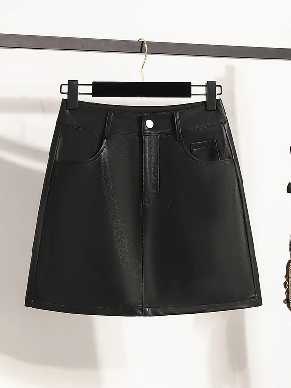 American Retro Coffee PU Leather  Skirt Women's plus Size Fake Two-Piece Suits Belted Wrap around Skirt Commute Style
