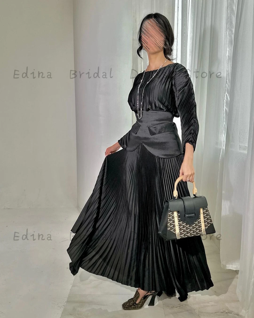 Saudi Scoop NeckProm Dresses for Musilm with Sleeves Tea-Length Wedding Party Dress for Juniors Pleated A-Line vestido de gala