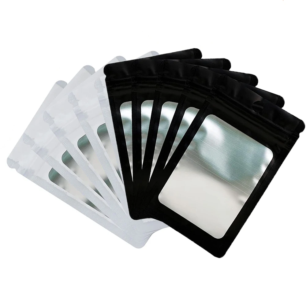 100pcs Matte Black White Mylar Flat Zip Lock Plastic Package Bags Smell Proof Aluminum Foil Plastic Zip Bag Pouches with Window
