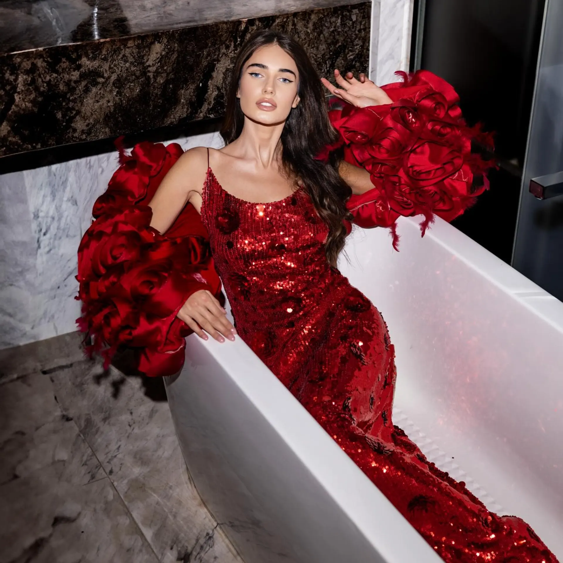 

Women's Dramatic Puffed Sleeves Handmade 3D Rose Embellishments & Red Satin Statement Capes Partywear, Evening Gowns Accessories