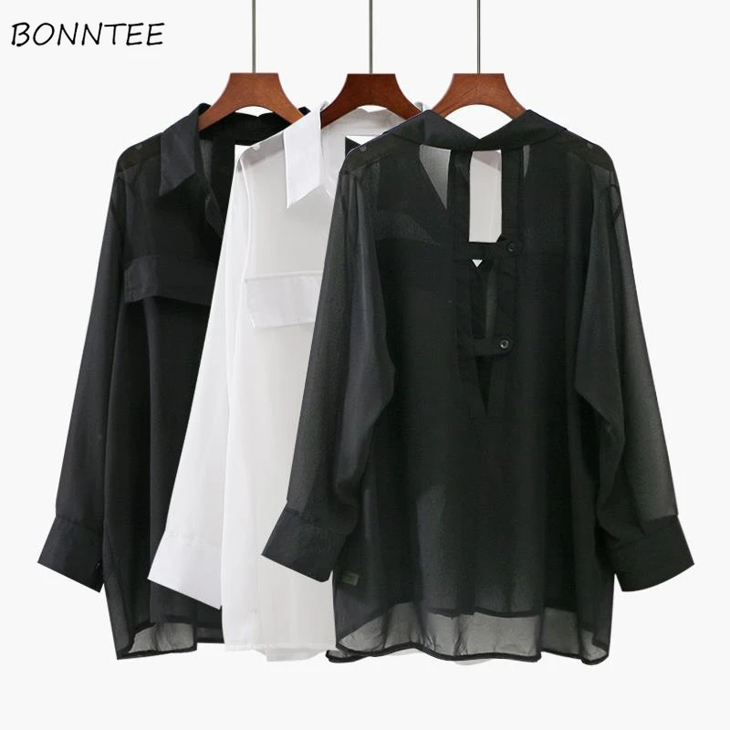 Shirts Women Basic Design Hollow Out Sun-proof Korean Style Pure Breathable Summer Minimalist Female Loose Popular Personality