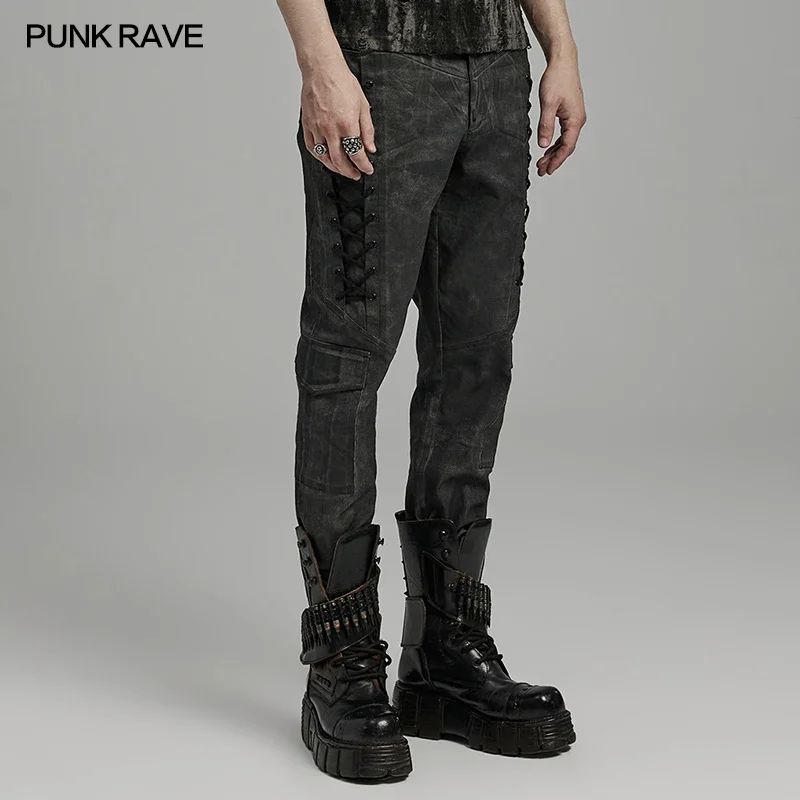 Pantalones de textura Irregular desgastados PUNK RAVE para hombre, pantalones de diseño con cordón decorativo, ropa de calle de otoño