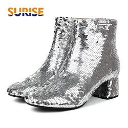 Winter Women Plush Ankle Boots High Block Heels Silver Gold White Sequined Cloth Dress Office Lady Round Toe Zipper Short Boots