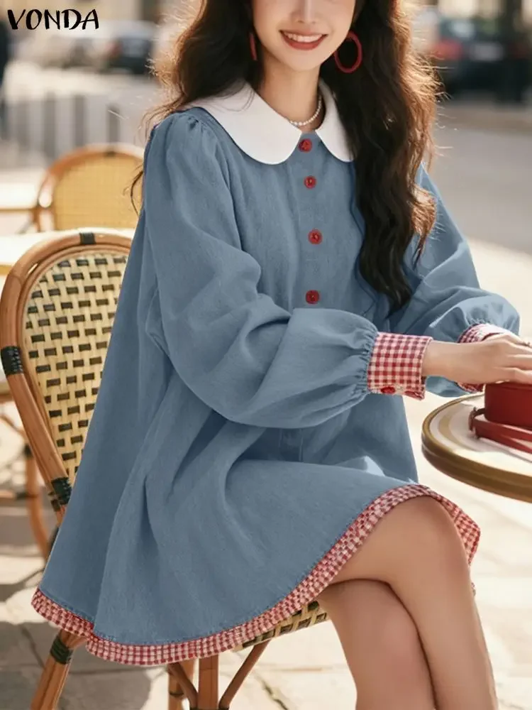 

Плюс размер 5XL VONDA модное клетчатое платье женское с длинными пышными рукавами в стиле пэчворк мини-сарафан осень повседневное свободное вечерние платье с рюшами