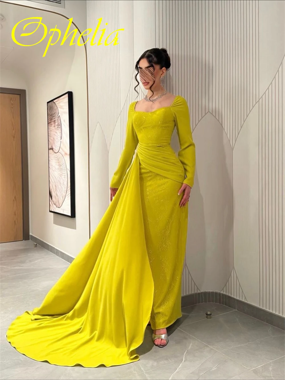 Maßgeschneidertes, exquisites Abendkleid mit quadratischem Kragen, klassisches Cocktailkleid mit langen Ärmeln, modische Hofschleppe, Kleider für besondere Anlässe