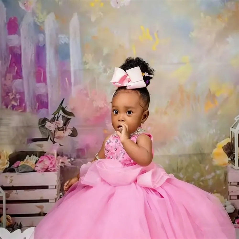 Robe de mariée de luxe rose à fleurs pour filles, sans manches, à paillettes, pour petite fille, soirée d'anniversaire, robe de sainte Communion personnalisée