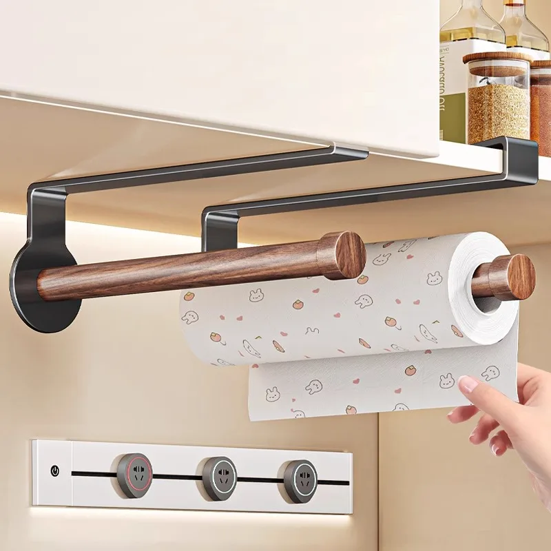 Under Cabinet Paper Towel Holder Aluminum Carbon Steel Adhesive Paper Towel Roll Rack for Bathroom Towel Wall Mounted Black