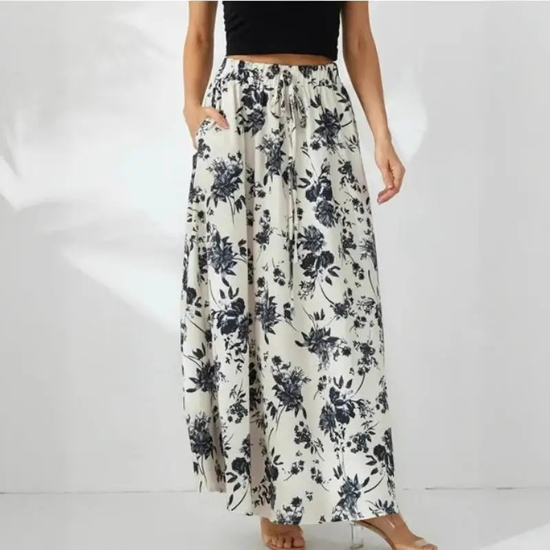 تنورة نسائية متوسطة الطول على شكل حرف A مع كيت مزدوجة وطبعة زهور وخصر مطاطي، تنورة صيفية غير رسمية للحديقة