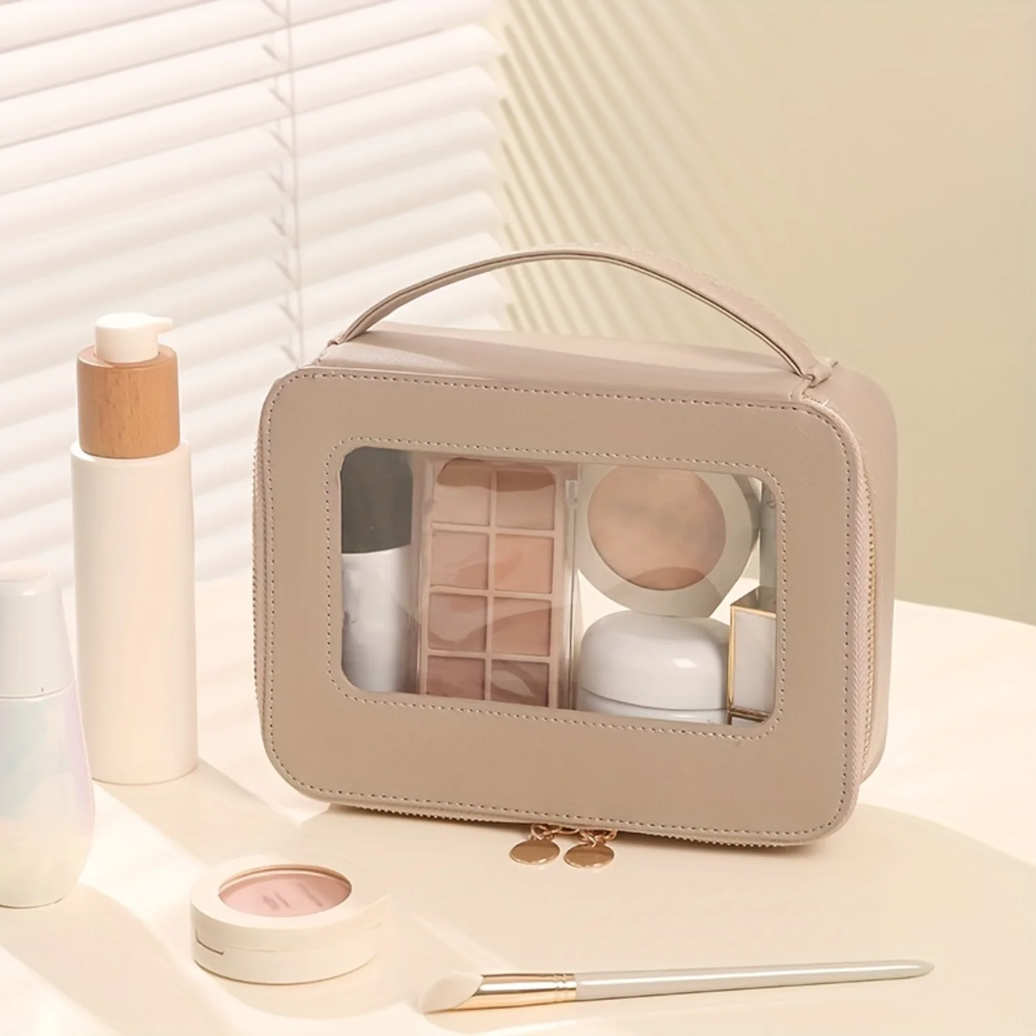 Lightweight Makeup Zipper Handbag With Clear Window, Versatile Toiletry Wash Bag