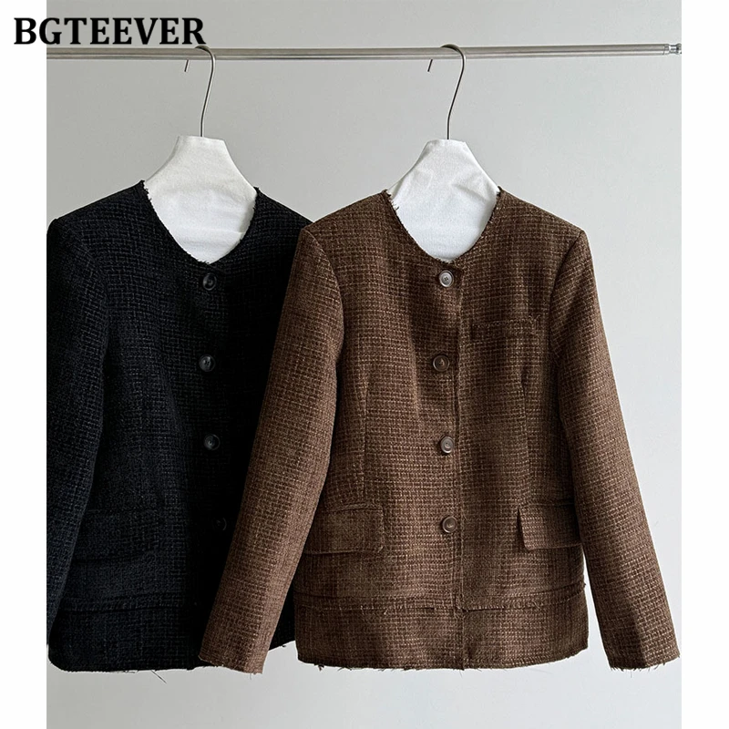 BGTEEVER Stylowe tweedowe marynarki damskie z okrągłym dekoltem, eleganckie, z długim rękawem i kieszeniami, idealne na jesień i zimę.