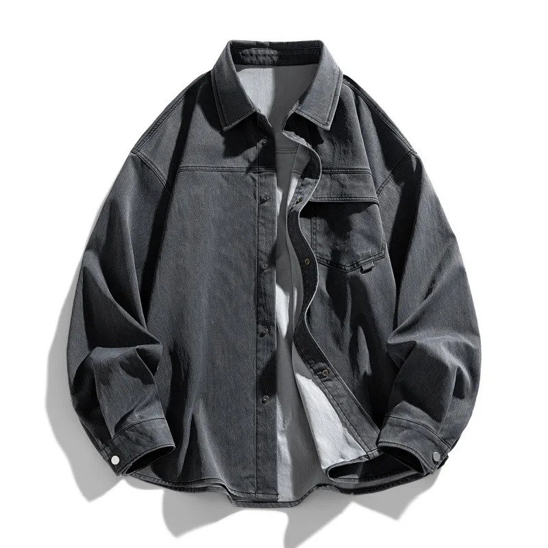

Мужская винтажная рубашка-куртка оверсайз с эффектом потертости, отложным воротником, на пуговицах, с нагрудным карманом и контрастной подкладкой, повседневная верхняя одежда