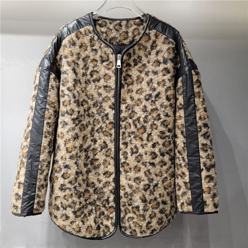 DEAT Women's Coat O-nek Leopard Pattern Zipper Pu Edge Cotton-padded Loose Long Sleeve Jackets 2024 New Fashion Winter 29L8910