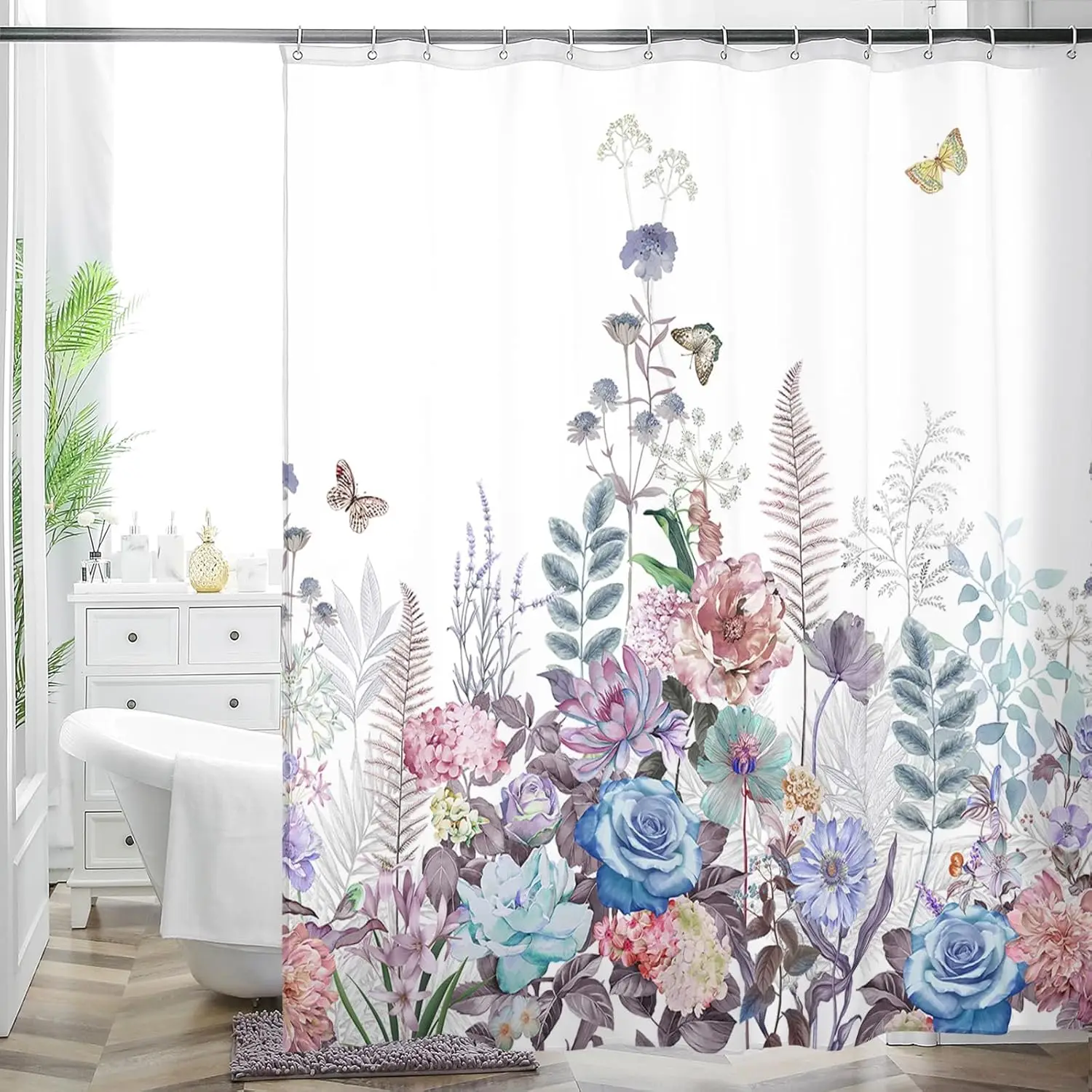 

Занавеска для душа с цветочным принтом в виде коттеджа — розовый/лавандовый дизайн бабочки, водонепроницаемая моющаяся ткань, с крючками, современный декор фермерского дома