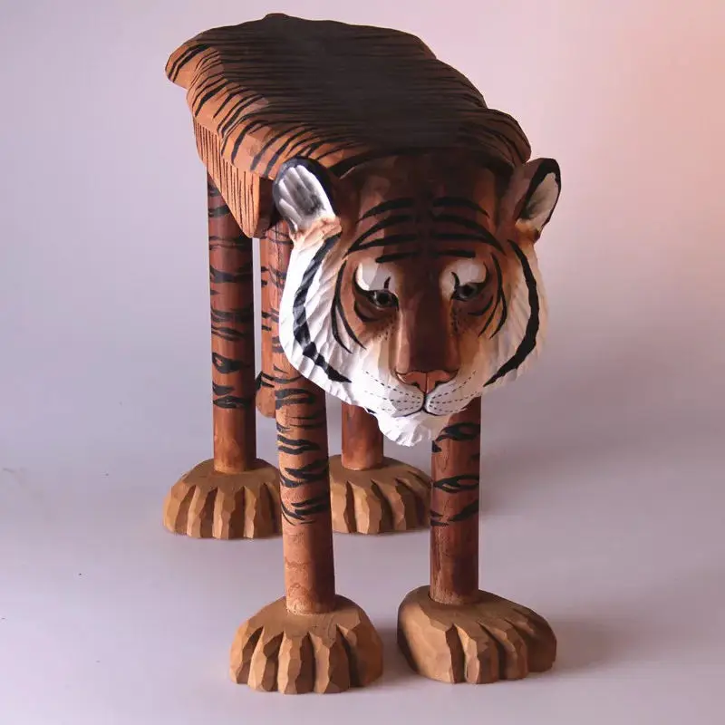 Solid wood hand carved large tiger style shoe changing stool, lobby tiger small stool