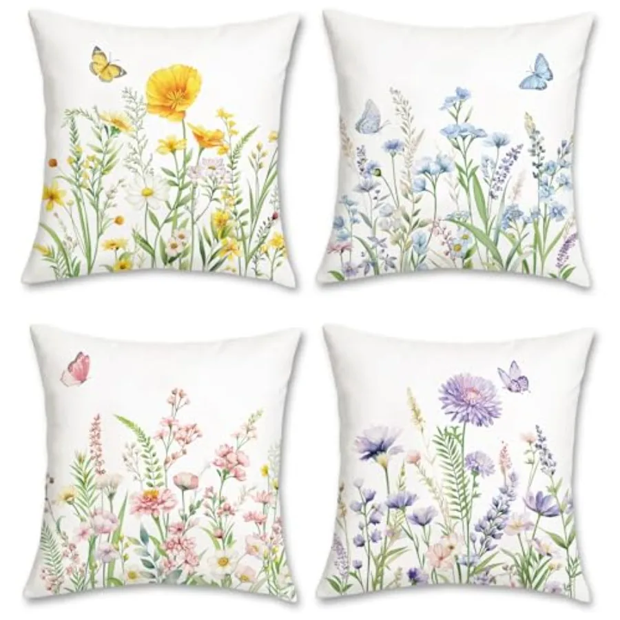 

Spring Floral Throw Pillow Covers 18 x 18 Inch Garden Flower Butterfly Decorative Pillows for Couch Sofa Garden Patio Decor Set