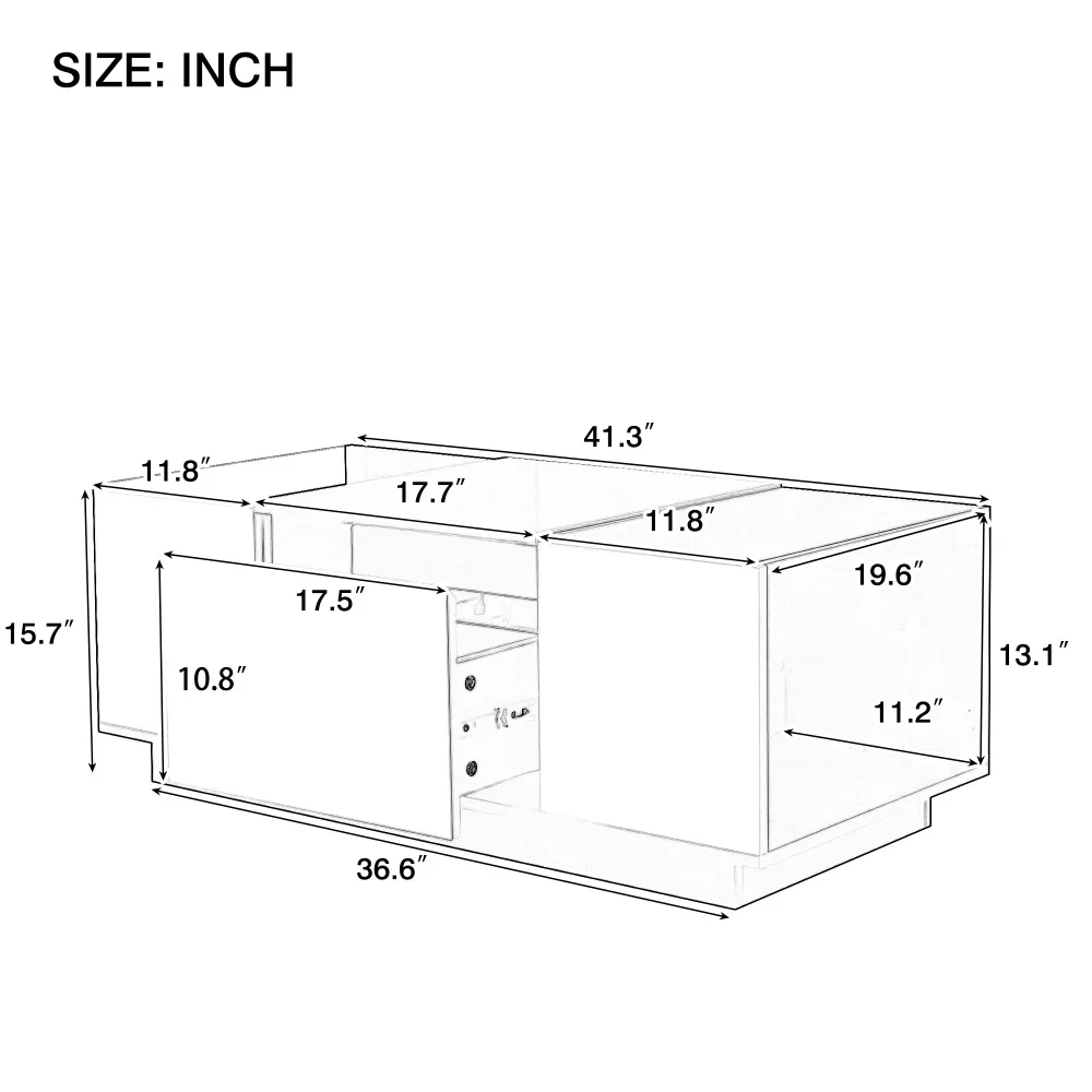 Led Coffee Table,High-Gloss Finish and Glass Tabletop,Table with Open Storage Compartment and 2 Hidden Drawers，Living Room
