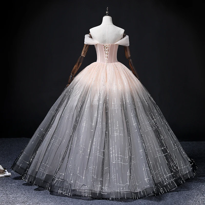 AnXin SH vintage princess pink and black boat neck sparkly beading crystal ball gown stage lace up customized evening dress