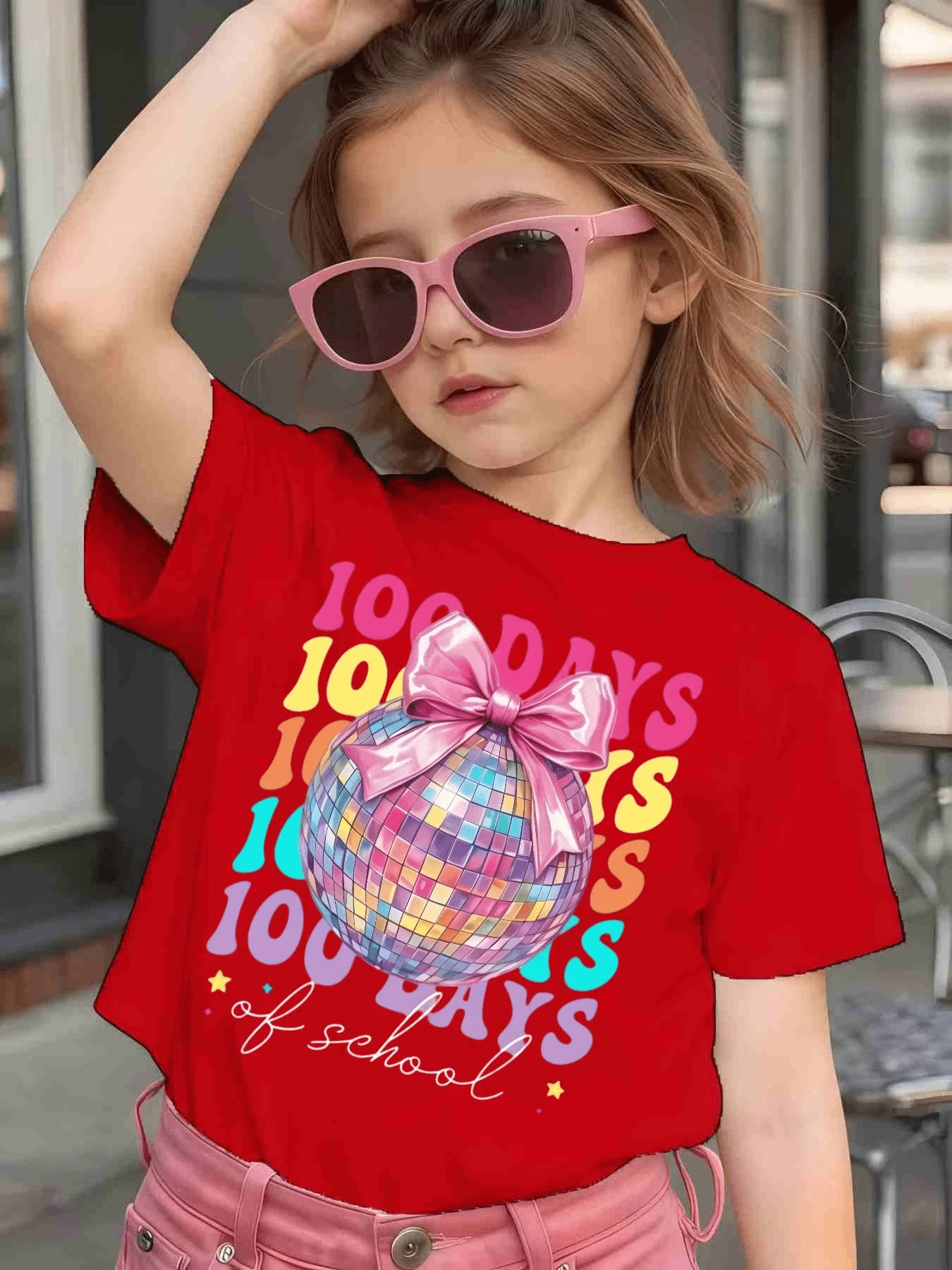 Disco Ball Bow 100 Days Of School Color Text Print Kids T Shirt Boys Girls Family Short Sleeve Casual Tees For Toddler Kids