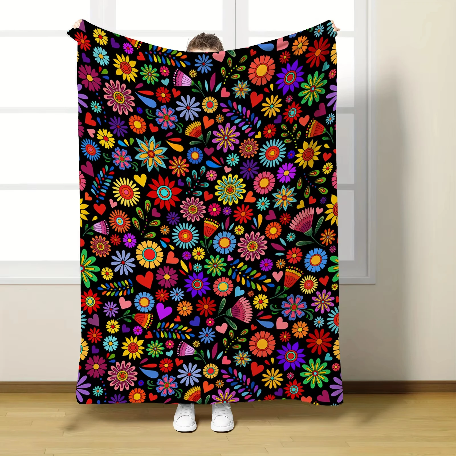 Mexican Color Floral Blanket Black Background Folk Heart Daisy Wild Flower Print Soft Flannel Fabric for Sofa Bedroom Dorm Cozy