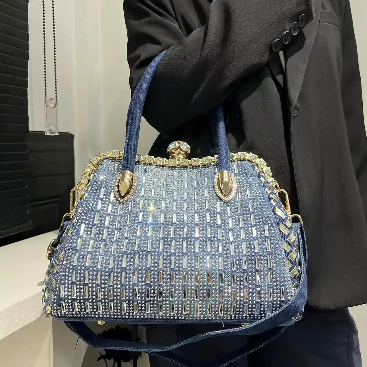 Women's Fashion Denim Diamond Elegant Handbag Large Capacity Full Diamond Shoulder Crossbody Bag
