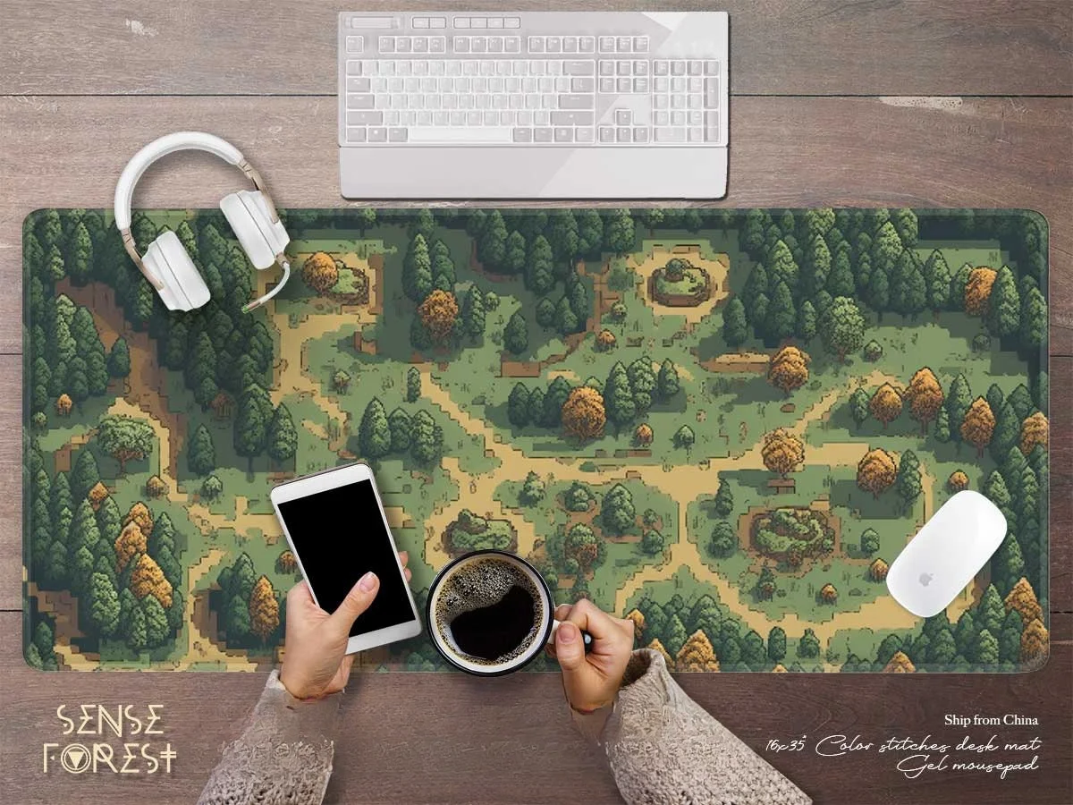 Retro Gaming Green Forest Pixel art desk mat Beige brown green large mouse pad Cute War Game wrist rest desk decorative