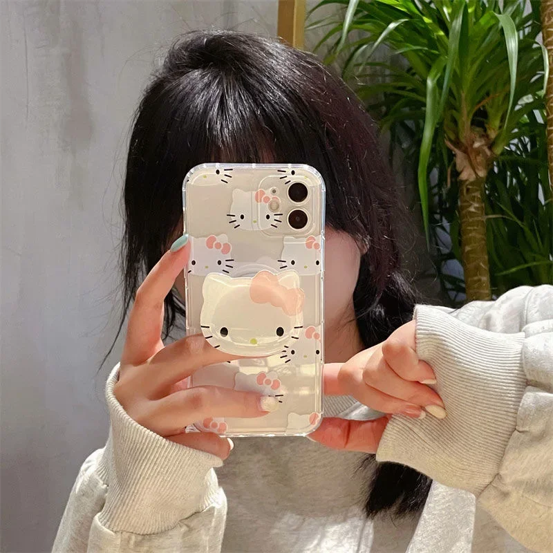 Cartoon Hello Kitty Head Phone Case For Iphone 16 15 11 12 13 14 Pro Max Mini X Xs Xr 7 8 Plus SE Transparent Shockproof Cover