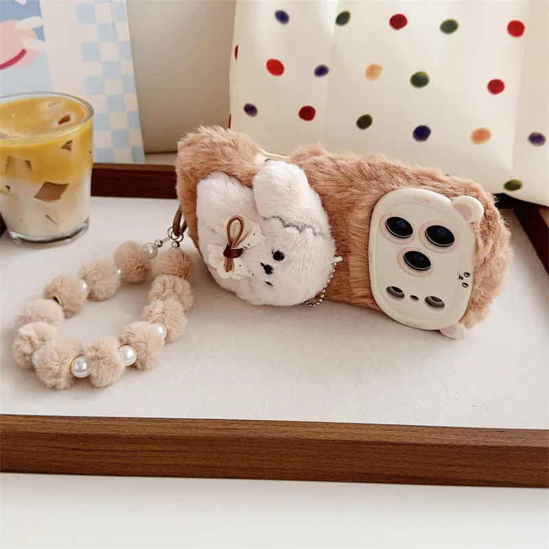 Etui na telefon iPhone 17 Air 16 15 14 13 12 11 Pro Max z pluszową kokardką 3D, ciepłe, puszyste, z smyczą, odporne na wstrząsy.