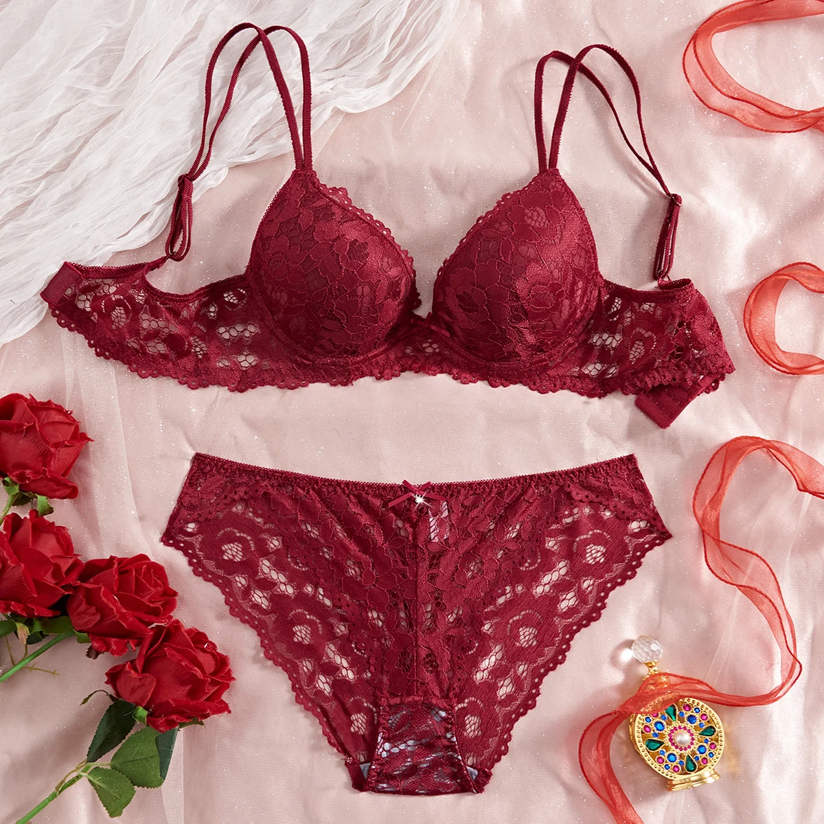 Conjunto de 6 piezas de sujetador y bragas para mujer, conjunto sexy con encaje estampado y patchwork, sin forro, ajuste cómodo, sujetador push-up para mujer, conjunto de ropa interior femenina