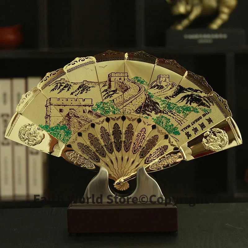 

TOP COOL foreign business gift with box CHINA The Great Wall ART gilding fan copper statue --Collector Edition-- GOOD