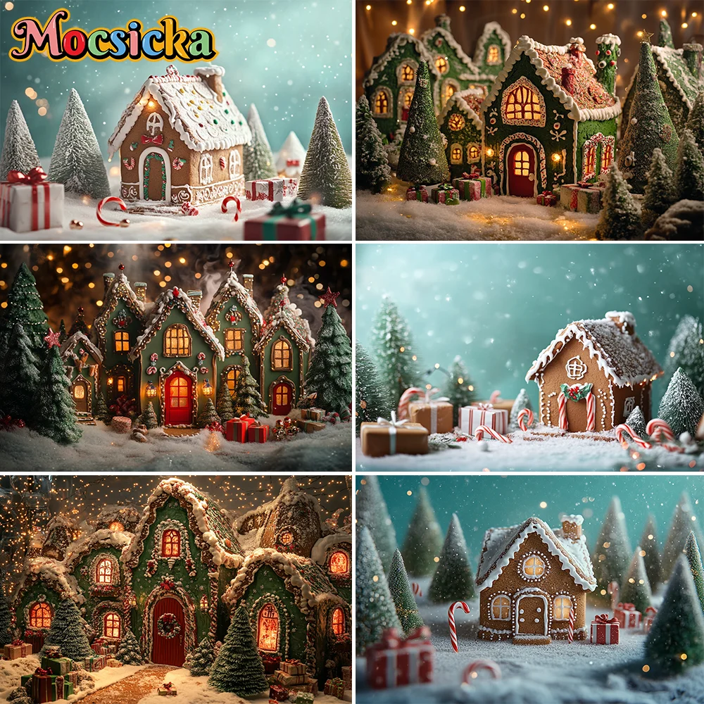 

Christmas Gingerbread House Background Xmas Tree Gifts Snow Winter Christmas Baby Kids Art Portrait Photography Backdrop Decor
