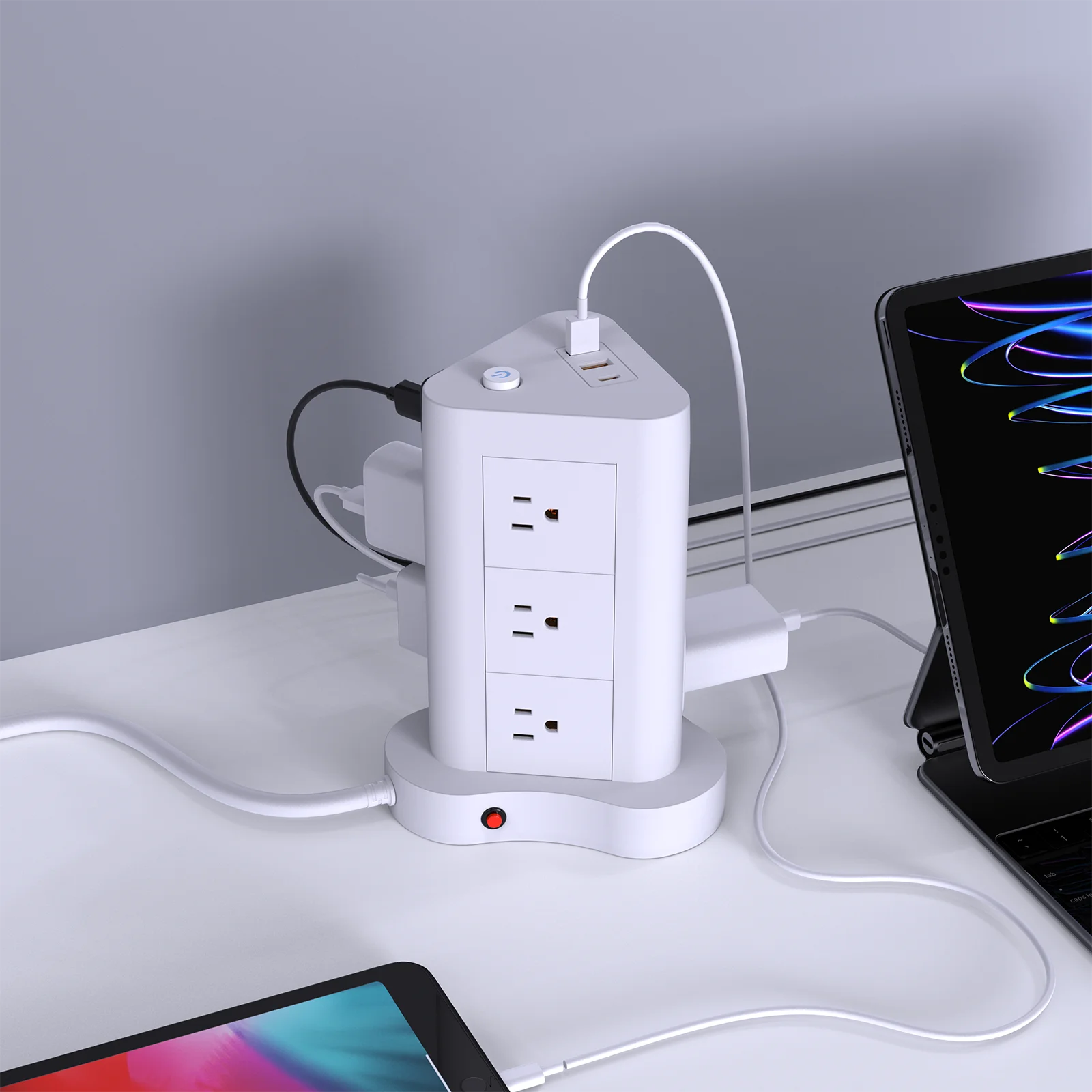 5ft مسطحة على شكل برج 45 ° قم بتوصيل بمنفذ USB/USB-C، وشريط طاقة مكون من 12 مقبس تيار متردد، وشريط طاقة للحماية من زيادة التيار مع 2 USB و1 US #4