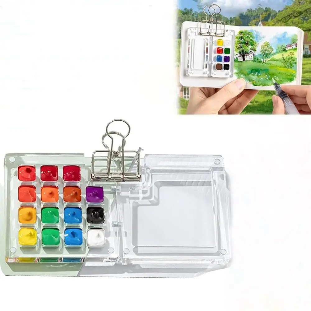 New with Clip Travel Paint Palette Painting Supplies Acrylic Grid Paint Box Durable Gift for Women Men Watercolor Palette