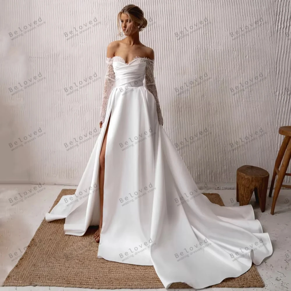 

Классические свадебные платья трапециевидной формы, атласные халаты с открытыми плечами, сексуальные простые платья с высоким разрезом, Vestidos De Novia по индивидуальному заказу 2026