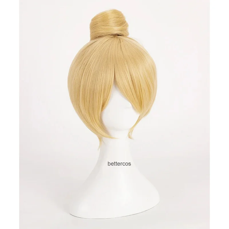 

2025 Princess Tinker Bell Tinkerbell Cosplay Wigs Short Blonde With Bun Heat Resistant Synthetic Hair + Wig Cap