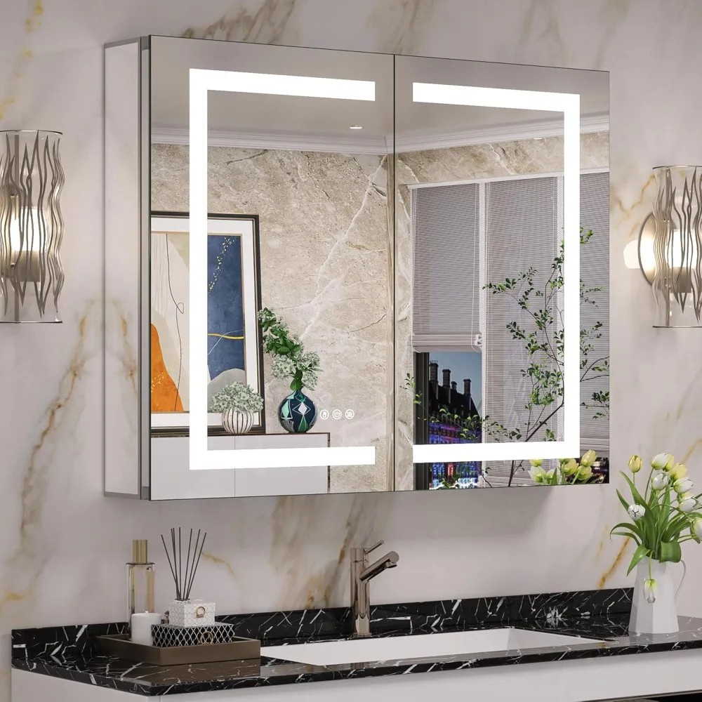 36x30 with bathroom storage lens, headlights, and power socket, LED makeup mirror with adjustable 3-color light