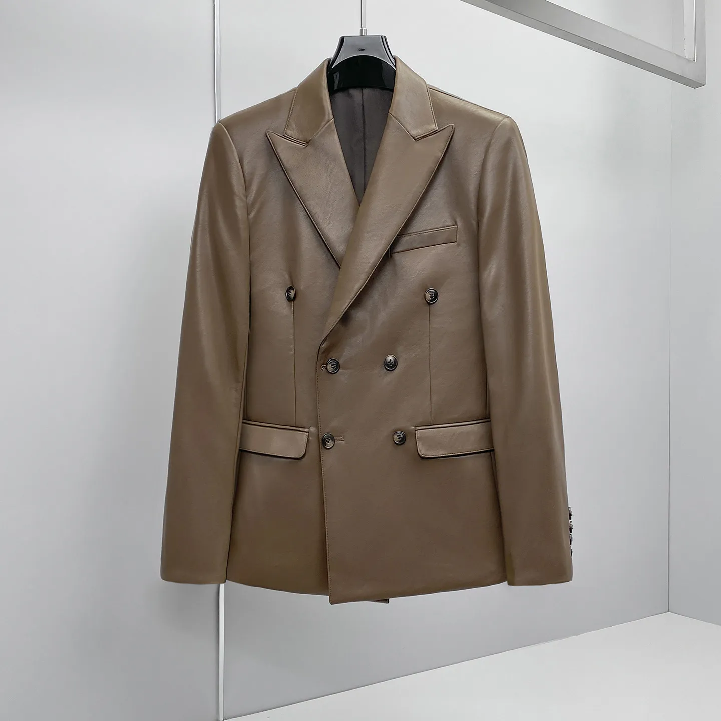 Chaqueta de Traje de Cuero Cruzada para Hombre, Estilo Casual de Negocios, Blazers de Cuero para Boda, Novio, Banquete Social, Colección Primavera-Otoño