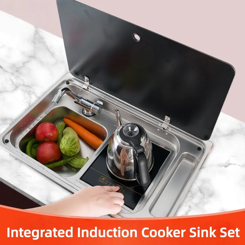 RV Stainless Steel Sink And Induction Cooker Combination Unit With Tempered Glass Lid  with faucet For Caravan Motorhome Yacht