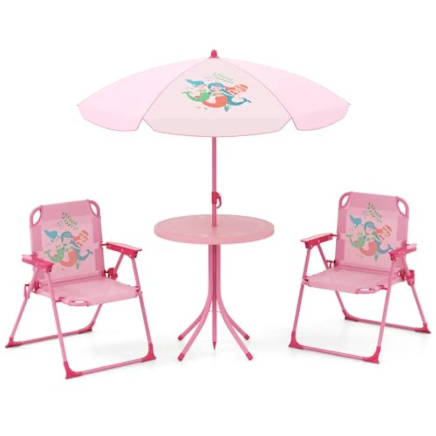 KOTEK Picnic Table with Umbrella Outdoor Table 2 Folding Chairs Cute Pattern s Patio Furniture Portable Table and Chair Set for
