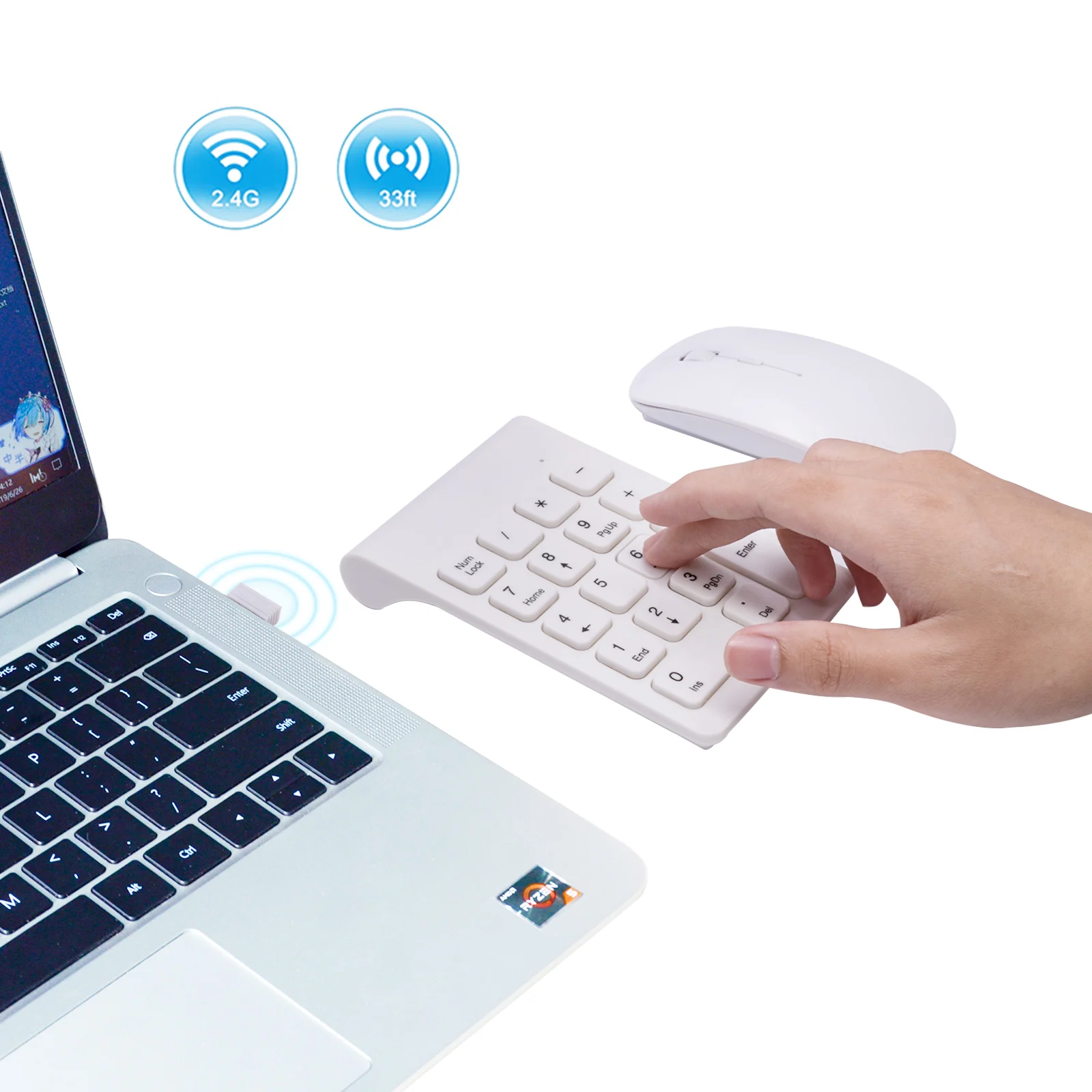 Lefon 2.4GHz Wireless Digital Keyboard Mini Numeric Keypad 18 Keys White Keypad Mouse Set for Computer Laptop PC