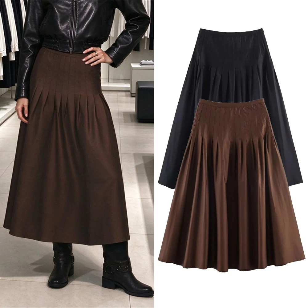 Ladies Fashion New Vintage Solid Color Women Midi Skirt Wrinkles Waist Long Skirts Women High Street Casual Holiday Skirt Female