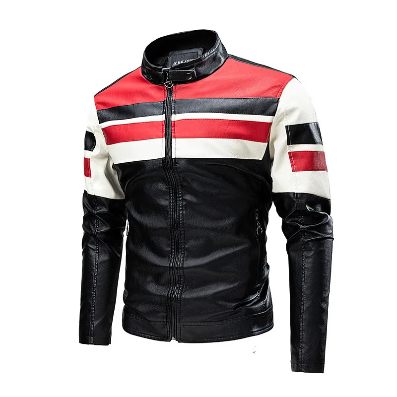 

Casual Patchwork Biker Leather Jacket Men Fashion Stand Collar Vintage Warm PU Leather Zipper Closure Streetwear Motorcycle Coat