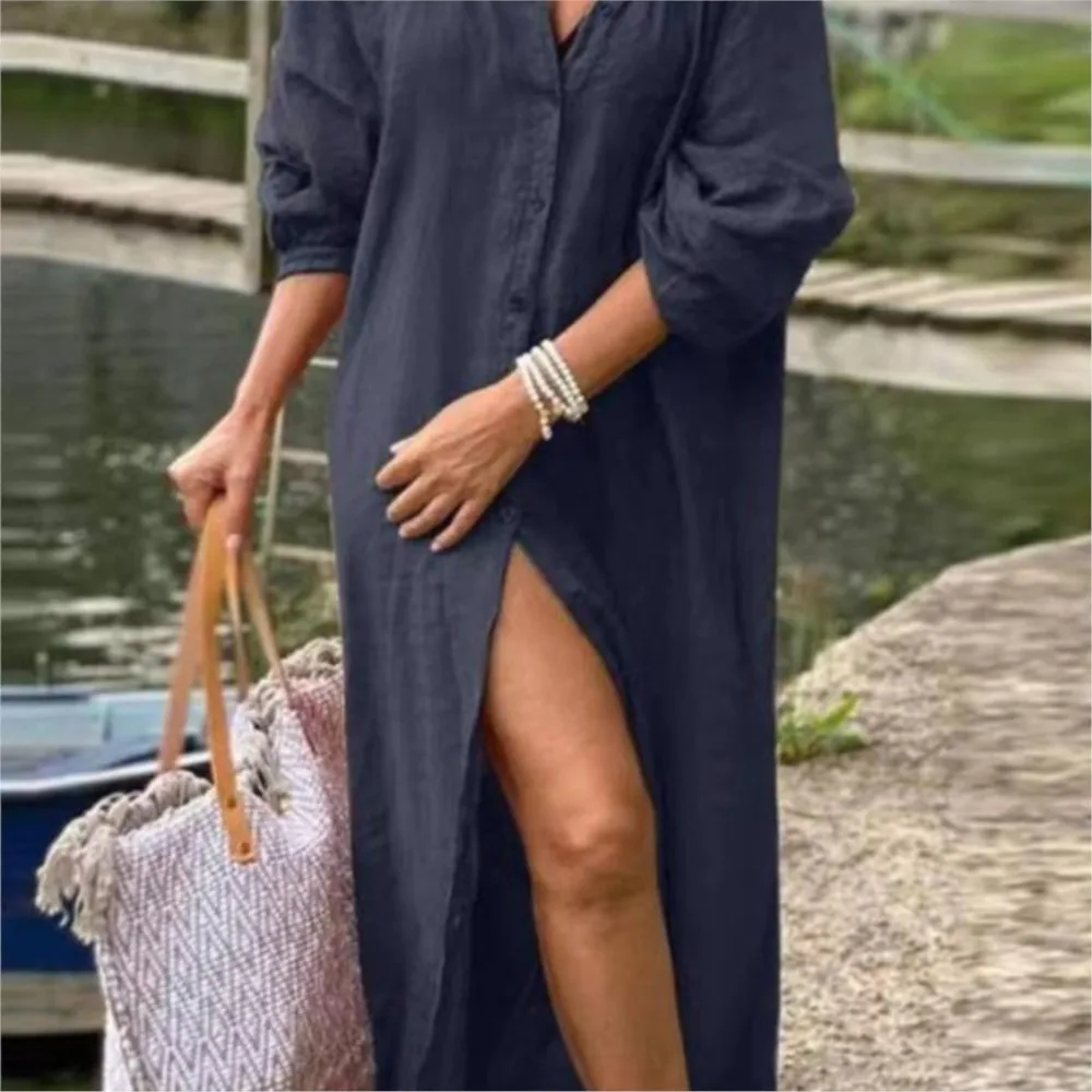 السيدات الربيع بلون سبليت فستان 2025 المرأة الجديدة فضفاضة طويلة الأكمام زر حتى سترة ماكسي قميص فستان رداء فضفاض غير رسمي