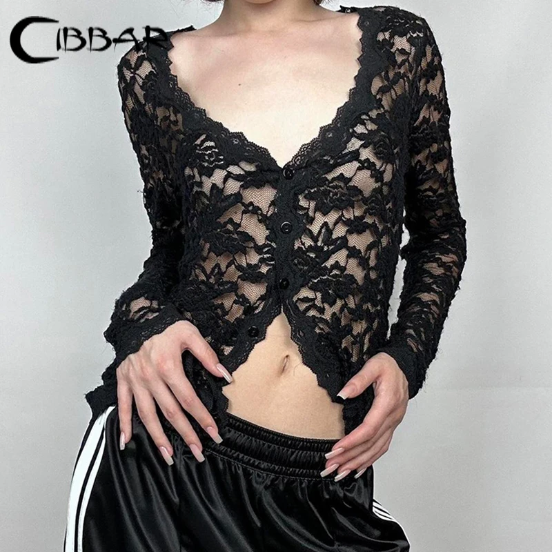 CIBBAR Sexy Black Lace Crop Top Solid Transparent Button-up T-shirt Smock Women Full Sleeve V-neck Club Tees Shirts Y2k Vintage