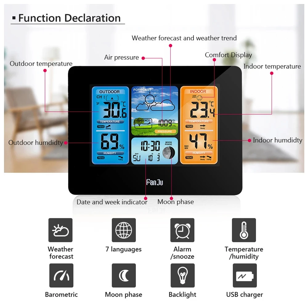 Multifunction Digital Weather Station LCD Alarm Clock Weather Forecast Barometer Thermometer Hygrometer Wireless Outdoor Sensor