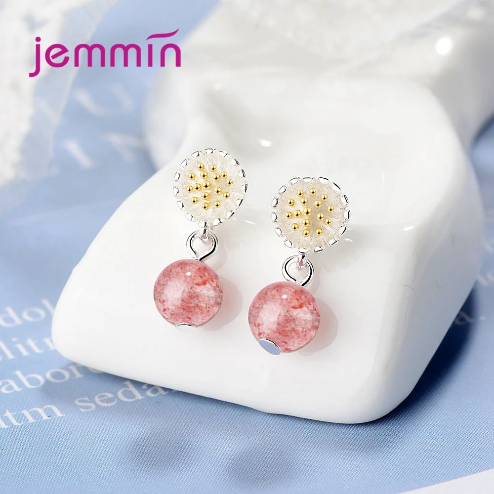 

Sweet 925 Sterling Silver Round Pink Strawberry Quartz Drop Earrings For Women Girls Anniversary Party Fashion Jewelry Gifts