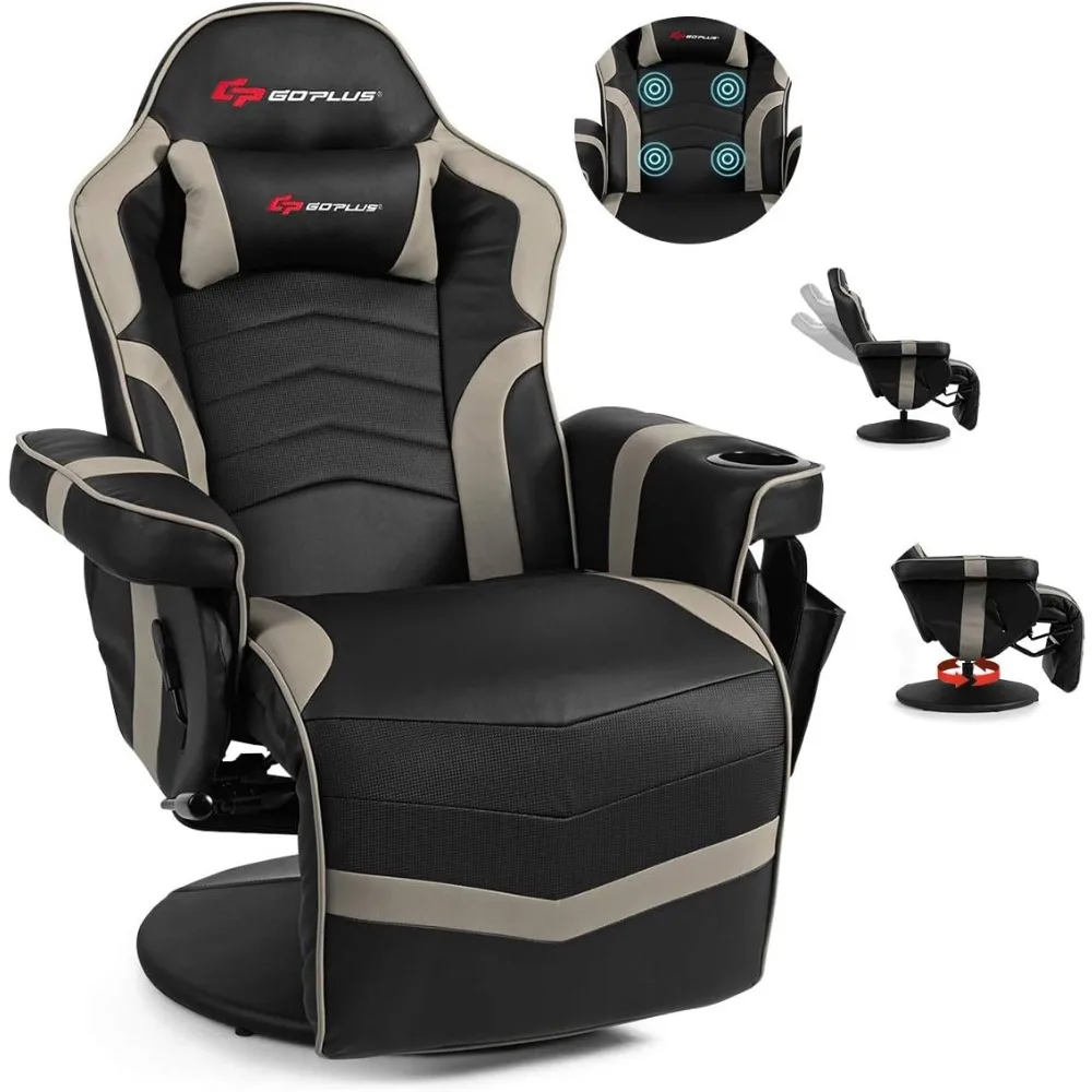 

Gaming Recliner Massage Gaming Chair with Footrest Ergonomic PU Leather Single Sofa with Cup Holder Headrest and Side