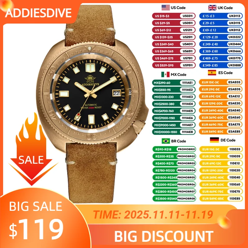 ADDIESDIVE Top brand CUSN8 Bronze Case  Automatic Mechanical Watch 200M Diving Super Luminous Watches AD2104 relogios masculinos
