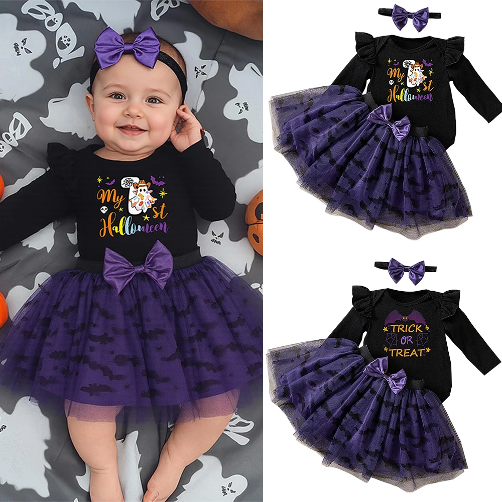 

Halloween Baby Jumpsuit Set for Kids 2PCS Printed Witch Costume Black Shirt +Mesh Tutu Skirt Infant Clothes 0-1Y Toddler Outfits