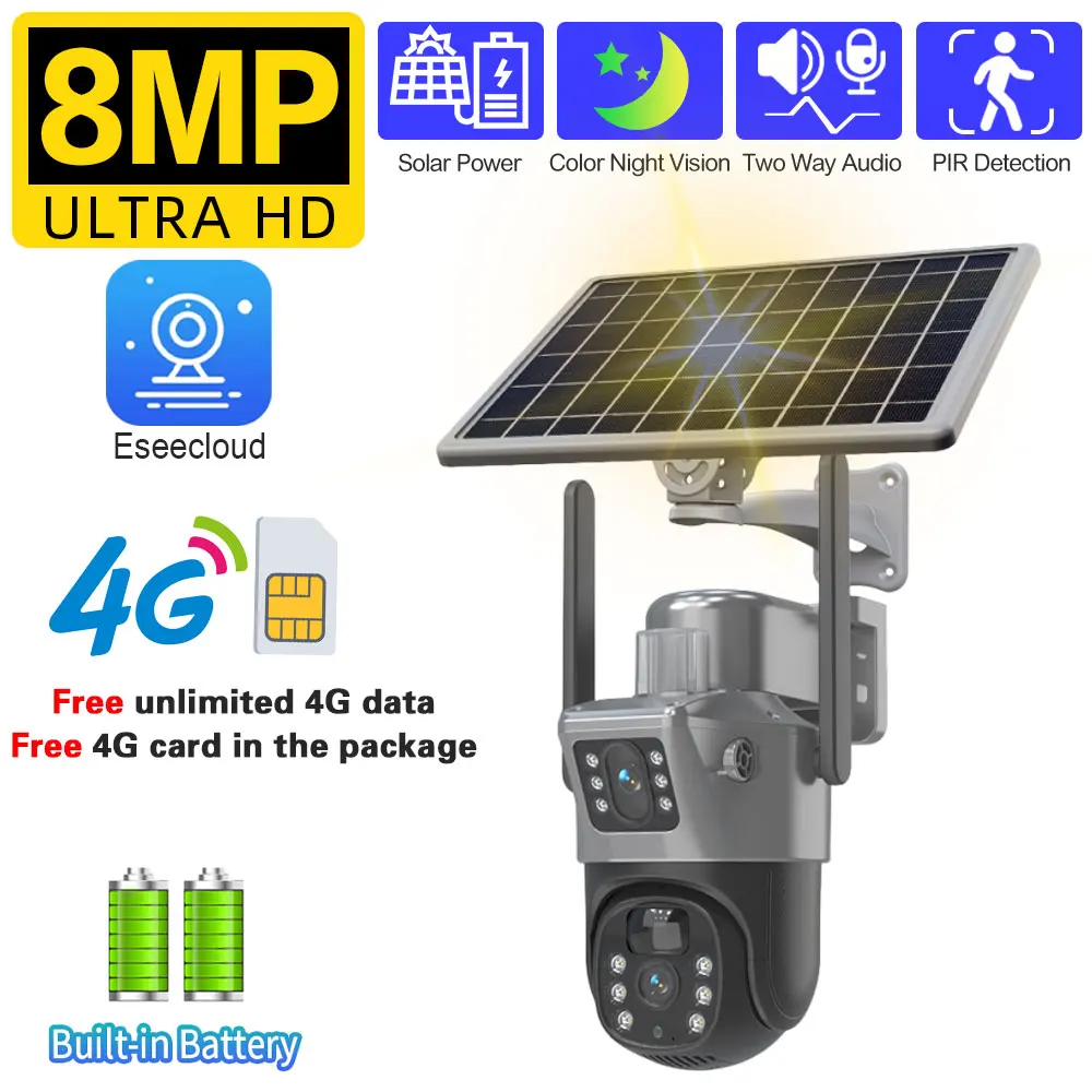 

4K 8MP 4G Battery Camera PIR Motion Cam Auto Tracking 2-Way Audio Outdoor 4K Security Cameras with Free Unlimited Data SIM Card