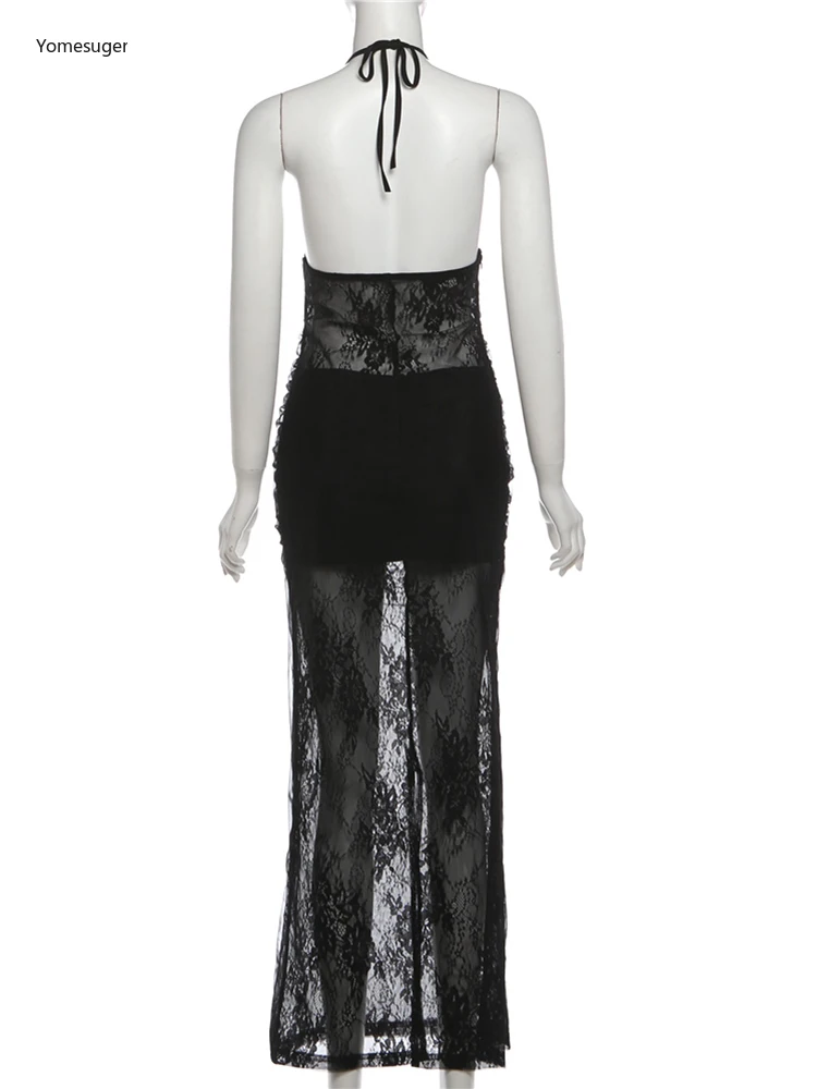 Yomesugar مثير الدانتيل المرقعة فستان طويل امرأة محب الرسن الدانتيل متابعة عارية الذراعين نحيل Vestidos Coquette منتصف الليل ملابس الحفلات #5